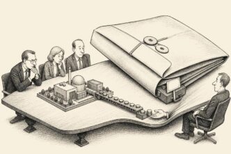 A bank boardroom with a property model on the table. Coins flow normally from the model, but a huge registered envelope pins down the sale materials and buyer’s briefcase while bankers and the owner look on.