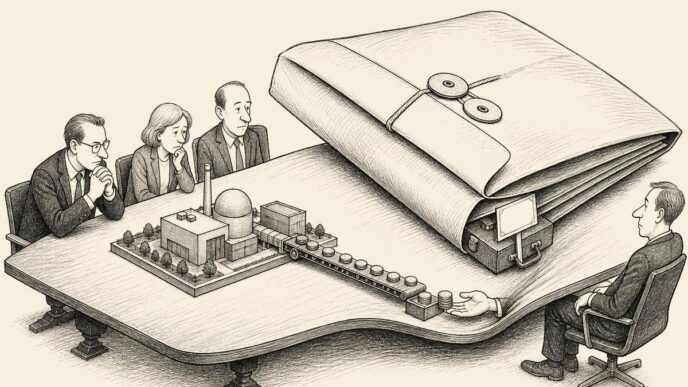 A bank boardroom with a property model on the table. Coins flow normally from the model, but a huge registered envelope pins down the sale materials and buyer’s briefcase while bankers and the owner look on.