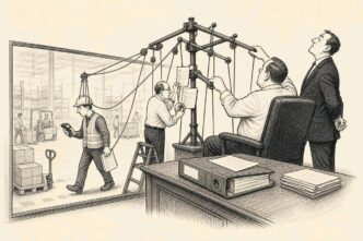 A glass-walled office overlooking a logistics floor where a manager controls a worker with a puppet rig, while a platform executive poses hands-off and a compliance officer attaches paperwork to the controls.