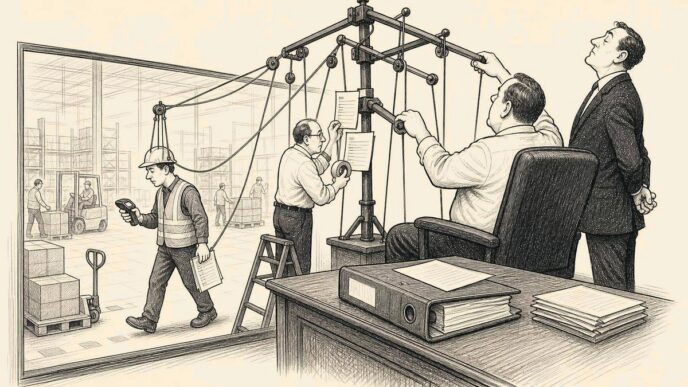 A glass-walled office overlooking a logistics floor where a manager controls a worker with a puppet rig, while a platform executive poses hands-off and a compliance officer attaches paperwork to the controls.