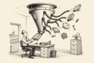 A Dutch finance manager in a plain office watches a huge corporate document funnel suck up her ledger, binders, keys, piggy bank, and calendar from a tiny subsidiary workspace.