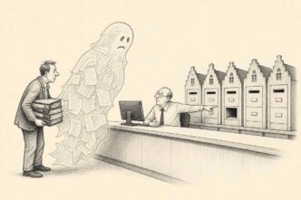 A small business owner stands at an institutional tax counter with a ghostly figure made of receipts. Behind the clerk is a neat row of miniature filing-cabinet houses and one empty mailbox. The clerk points to the mailbox while the ghost