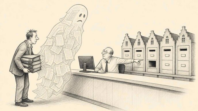 A small business owner stands at an institutional tax counter with a ghostly figure made of receipts. Behind the clerk is a neat row of miniature filing-cabinet houses and one empty mailbox. The clerk points to the mailbox while the ghost