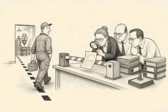 Inside a factory office, a worker has crossed a border line toward the shop floor, but his payslip is stuck at a tiny barrier on a payroll desk where administrators inspect it.