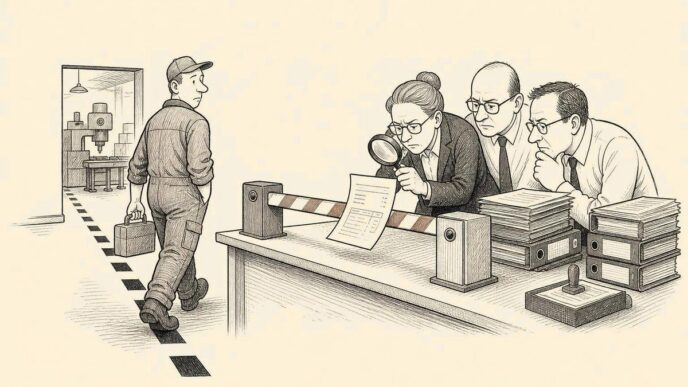 Inside a factory office, a worker has crossed a border line toward the shop floor, but his payslip is stuck at a tiny barrier on a payroll desk where administrators inspect it.