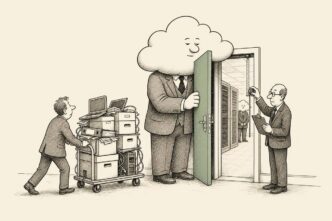 A Dutch office corridor with an emergency exit. A small business owner tries to move a trolley of business records and equipment through it. A large cloud-shaped doorman holds the door barely open; beyond it is another server corridor. A