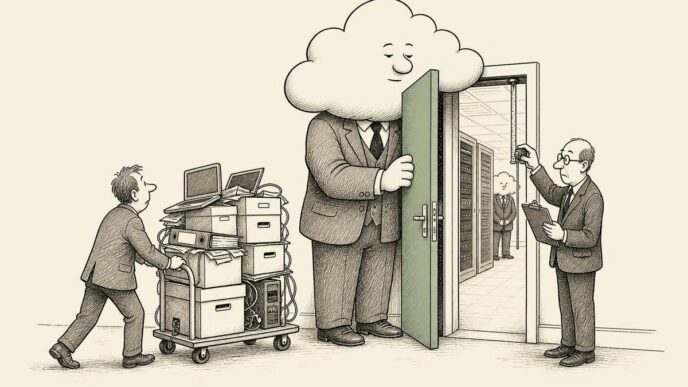A Dutch office corridor with an emergency exit. A small business owner tries to move a trolley of business records and equipment through it. A large cloud-shaped doorman holds the door barely open; beyond it is another server corridor. A