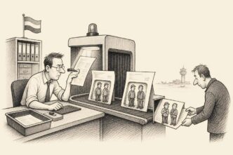 In a sober Dutch office, a finance clerk operates a passport-control style scanner for invoices. Two identical invoices on trays contain different tiny workers embedded in the paper, while a supplier quietly swaps figures through a flap.