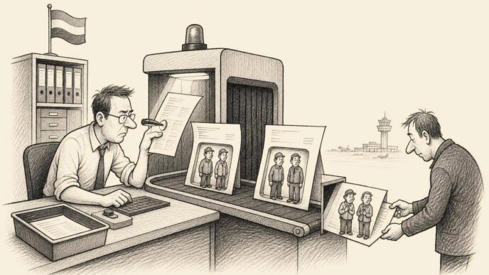 In a sober Dutch office, a finance clerk operates a passport-control style scanner for invoices. Two identical invoices on trays contain different tiny workers embedded in the paper, while a supplier quietly swaps figures through a flap.