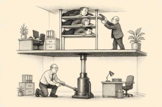 An office floor is lifted by a clerk with a jack, crushing a career ladder and the employees standing on it toward the ceiling.