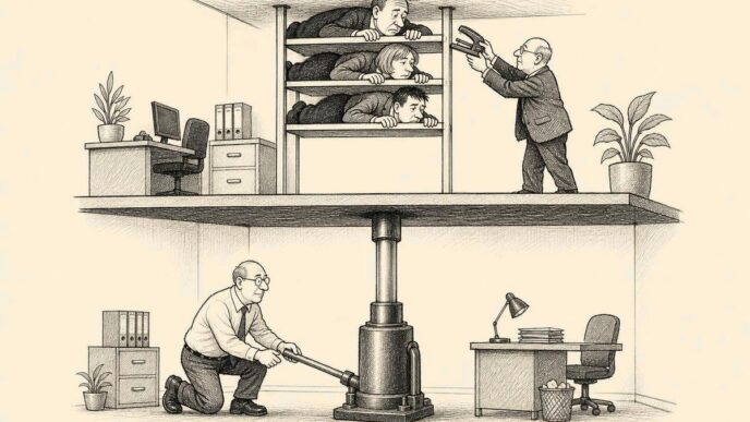 An office floor is lifted by a clerk with a jack, crushing a career ladder and the employees standing on it toward the ceiling.