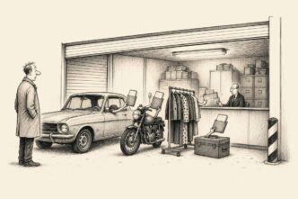 In a closed storage unit, company assets queue at a tax counter holding invoices, while the former owner watches awkwardly.