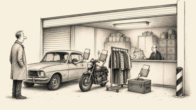 In a closed storage unit, company assets queue at a tax counter holding invoices, while the former owner watches awkwardly.