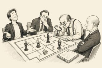 At a boardroom table, a founder shows an office floorplan while an accountant and tax inspector examine tiny occupant figures placed in each room, ignoring a neat invoice at the side.