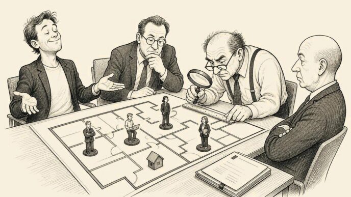 At a boardroom table, a founder shows an office floorplan while an accountant and tax inspector examine tiny occupant figures placed in each room, ignoring a neat invoice at the side.
