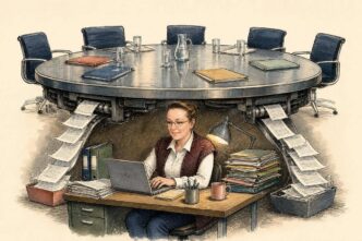 Linda works calmly at a cramped office desk crushed beneath a huge empty consensus-style meeting table, feeding paperwork into it like an admin machine.