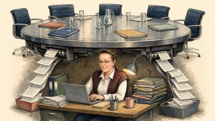 Linda works calmly at a cramped office desk crushed beneath a huge empty consensus-style meeting table, feeding paperwork into it like an admin machine.
