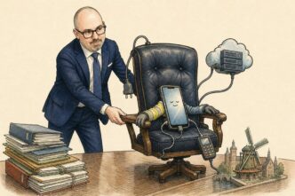 Single-panel editorial cartoon. Paolo Maria, bald with dark rectangular glasses, moustache and goatee, wearing a navy suit and blue tie, stands in a Dutch boardroom pulling out a formal chair for a small glowing smartphone. From the phone