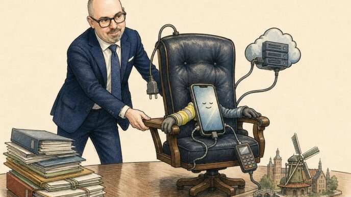 Single-panel editorial cartoon. Paolo Maria, bald with dark rectangular glasses, moustache and goatee, wearing a navy suit and blue tie, stands in a Dutch boardroom pulling out a formal chair for a small glowing smartphone. From the phone