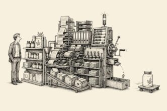 Single-panel cartoon in a retail back office. A small founder watches an oversized office machine connected to a shelf of health products. The machine has blank folders, parcels, calculator wheels, price-tag arms and a crank, and it