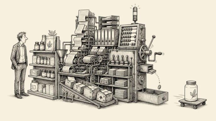 Single-panel cartoon in a retail back office. A small founder watches an oversized office machine connected to a shelf of health products. The machine has blank folders, parcels, calculator wheels, price-tag arms and a crank, and it