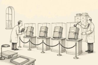 A taxpayer stands in an institutional archive trying to use receipts and a calculator on tax files locked in glass display cases. An archivist calmly dusts the cases while the taxpayer cannot reach the papers inside.
