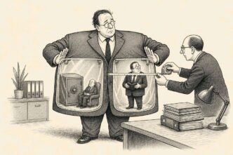 A business owner in an accountant’s office wears a giant jacket with two transparent pockets. One pocket holds a company safe and pension figure, the other a miniature version of the owner with a wallet, while a tax official measures the