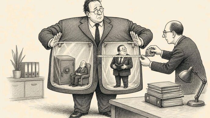 A business owner in an accountant’s office wears a giant jacket with two transparent pockets. One pocket holds a company safe and pension figure, the other a miniature version of the owner with a wallet, while a tax official measures the