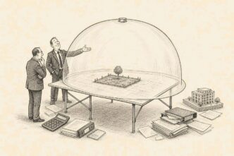 A broker presents a small building plot model, but it is surrounded by an enormous clear dome that knocks aside the developer’s calculator, financing papers, and construction model.
