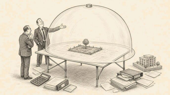 A broker presents a small building plot model, but it is surrounded by an enormous clear dome that knocks aside the developer’s calculator, financing papers, and construction model.