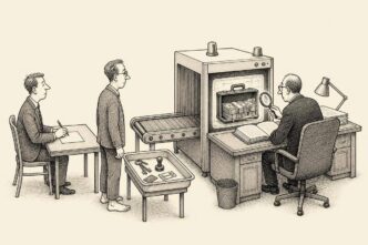 In a sober Dutch notarial office, a signing appointment is interrupted by an airport security lane. A founder holds a pen at the table while his briefcase goes through a scanner watched by the notary. An adviser waits beside trays of