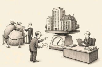 A tax office scene with institutional furniture. Several small apartment blocks are placed on a large scale. Heavy debt sacks are kept behind a rope barrier by an impassive clerk, while a founder holds a small payment envelope and looks
