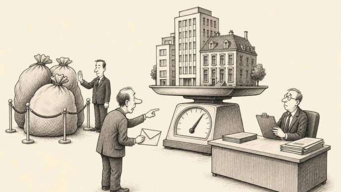 A tax office scene with institutional furniture. Several small apartment blocks are placed on a large scale. Heavy debt sacks are kept behind a rope barrier by an impassive clerk, while a founder holds a small payment envelope and looks