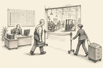 A factory planning scene with an older fitter, a manager, and an HR officer. The fitter approaches a finish ribbon, but HR is wheeling the ribbon farther away with a filing cabinet, while the roster behind them remains neatly arranged.