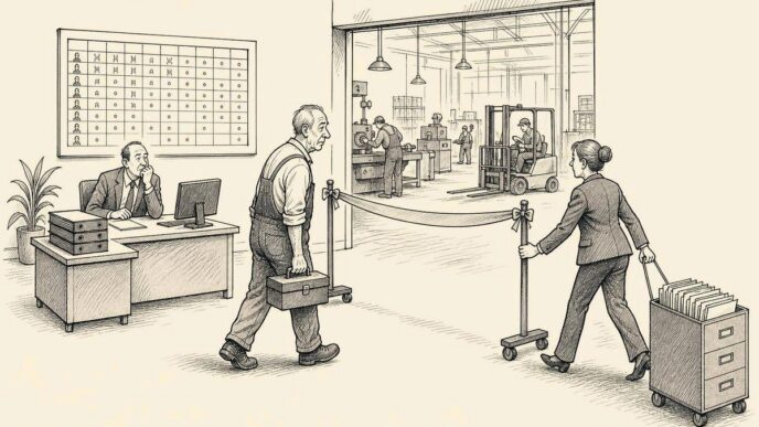 A factory planning scene with an older fitter, a manager, and an HR officer. The fitter approaches a finish ribbon, but HR is wheeling the ribbon farther away with a filing cabinet, while the roster behind them remains neatly arranged.