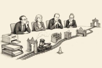 A modest office boardroom contains a miniature railway on the table. A tiny gavel rides slowly past model parliamentary furniture and a ballot box toward a courtroom arch, while business managers watch beside normal payroll paperwork. No