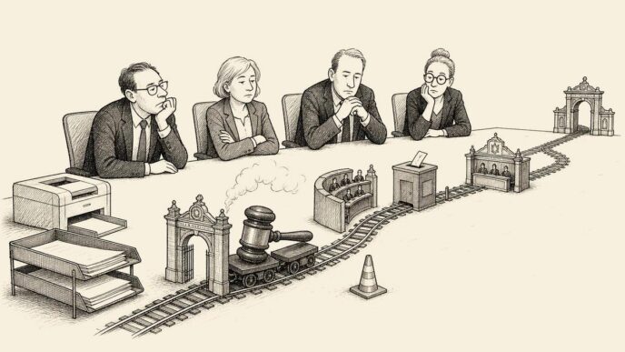 A modest office boardroom contains a miniature railway on the table. A tiny gavel rides slowly past model parliamentary furniture and a ballot box toward a courtroom arch, while business managers watch beside normal payroll paperwork. No