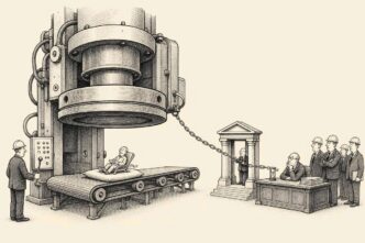 A giant payroll withholding press is poised above a tiny pension payment but is restrained by a small legal-procedure chain, while office administrators wait in hard hats.