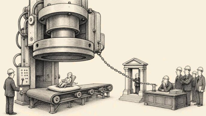A giant payroll withholding press is poised above a tiny pension payment but is restrained by a small legal-procedure chain, while office administrators wait in hard hats.