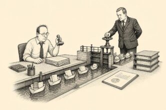 A small Dutch office where payments are represented by paper boats in a canal tray on a desk. A civil servant lowers a lock gate, stopping wage, rent and supplier payments while staff wait awkwardly.