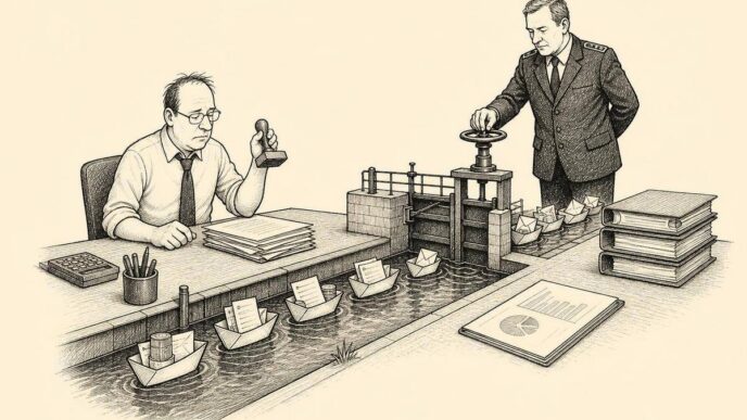 A small Dutch office where payments are represented by paper boats in a canal tray on a desk. A civil servant lowers a lock gate, stopping wage, rent and supplier payments while staff wait awkwardly.