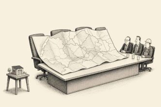 A Dutch office boardroom with a huge regional map spread across chairs and table, while a tiny apartment model sits on a side stool and a developer waits awkwardly with a lender and contractor.