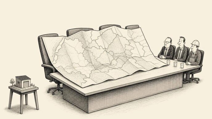 A Dutch office boardroom with a huge regional map spread across chairs and table, while a tiny apartment model sits on a side stool and a developer waits awkwardly with a lender and contractor.