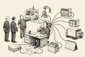 A small factory office shows one engineer connected by cables to machines, files and calendars while the owner presents him to formal visitors.