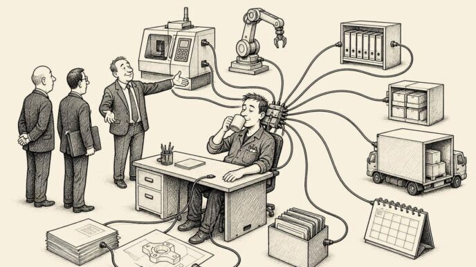 A small factory office shows one engineer connected by cables to machines, files and calendars while the owner presents him to formal visitors.