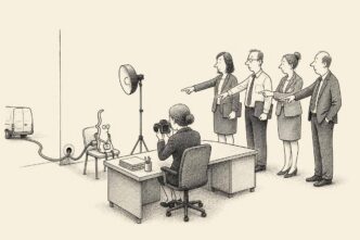 A restrained Dutch office scene: HR desk, blank forms, filing cabinets and four managers in suits. A tiny animated code-like figure sits for onboarding, with a cable tail disappearing through the wall. The managers all point at each other,