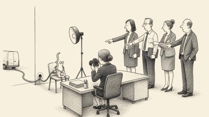 A restrained Dutch office scene: HR desk, blank forms, filing cabinets and four managers in suits. A tiny animated code-like figure sits for onboarding, with a cable tail disappearing through the wall. The managers all point at each other,