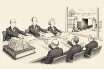 A Dutch boardroom conducts a formal dividend handout with empty envelopes, while a full ledger sits on the table and a cash van is still far away outside.