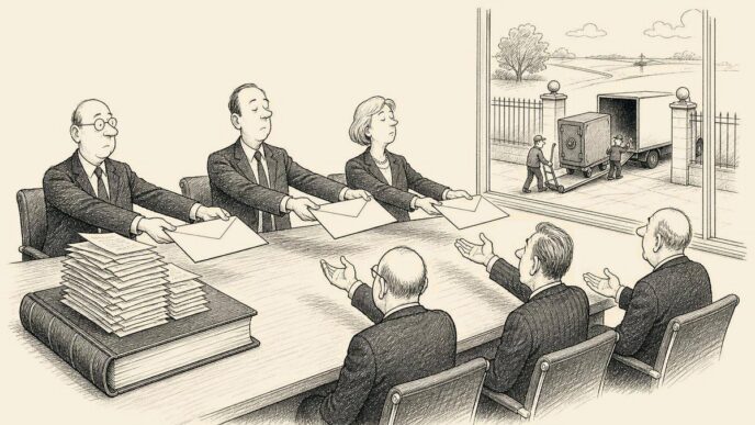 A Dutch boardroom conducts a formal dividend handout with empty envelopes, while a full ledger sits on the table and a cash van is still far away outside.