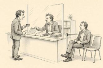 A single-panel cartoon in a Dutch office lobby: one man appears three times, as borrower, creditor clerk behind glass, and waiting director, turning a friendly BV loan into a bureaucratic counter visit.